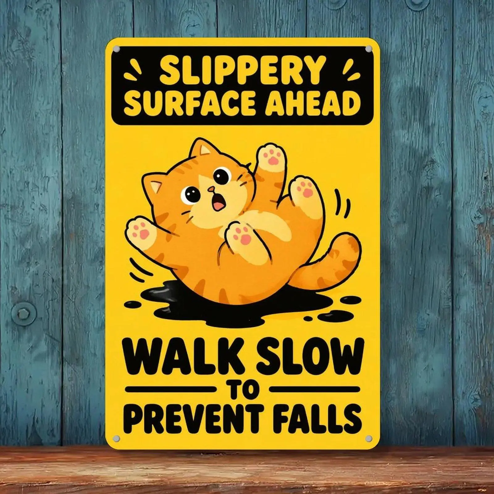 Slippery Surface Ahead Cute Sliding Orange Cat Caution Warning Metal Tin Sign, Home Restaurant Bathroom Safety Wall Decor 8x12in Funny Reminder Plaque