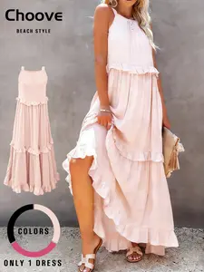 Women's Maxi Dress with Ruffle Hem, Loose Fit Casual Summer Dress, Plain Pattern, All Seasons Wear, Vacation Style