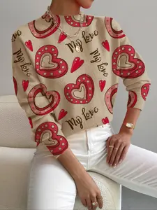 Women's Fall Winter Knit Sweater, Elegant Cartoon Heart Print, Casual & Commute Wear, Valentine's Day Gift, Holiday Style, Knitwear