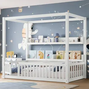 Twin Size 4-Poster Canopy Floor Bed Frame with Bookcase, Guardrails, Slats and Montessori Bedroom Compatibility, White