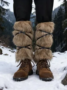 Medieval Viking Role Play Faux Fur Leggings, Warm Windproof Leg Warmers, Unique Fur Look and Strap Design, Vintage Outdoor Adventure Style, Aesthetic