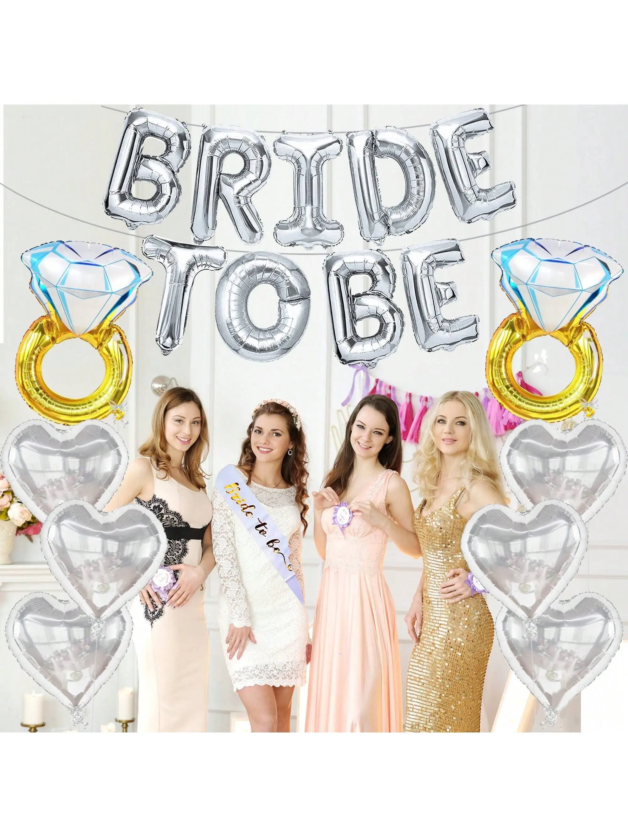 Bride Balloon Rose Gold Silver Letter Aluminum Foil Balloon Set Diamond Ring Balloon Wedding Decoration Single Party Supplies