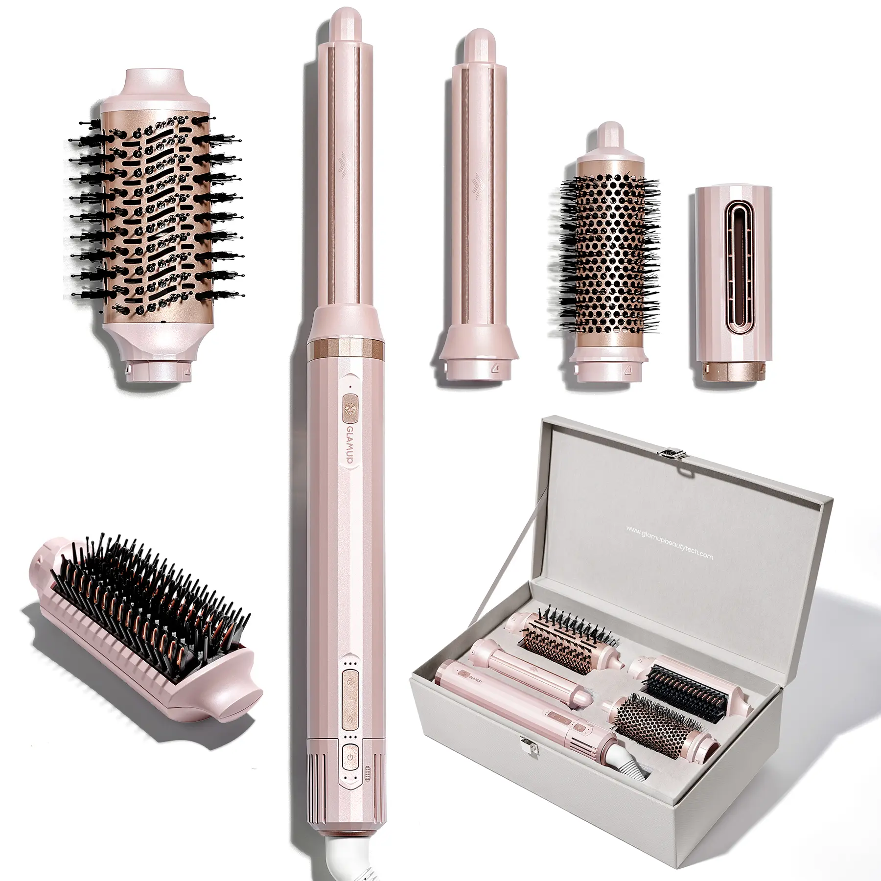 GLAMUP FusionPro 6-in-1 Hot Air Styler - Automatic Curling Iron, Curling Auto Wrap Tool, Straightening Brush (Champagne Pink)