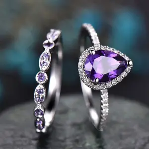 Purple Cubic Zircon Set Rings for Women Wedding Party Temperament Elegant Lady Accessories Fashion Jewelry