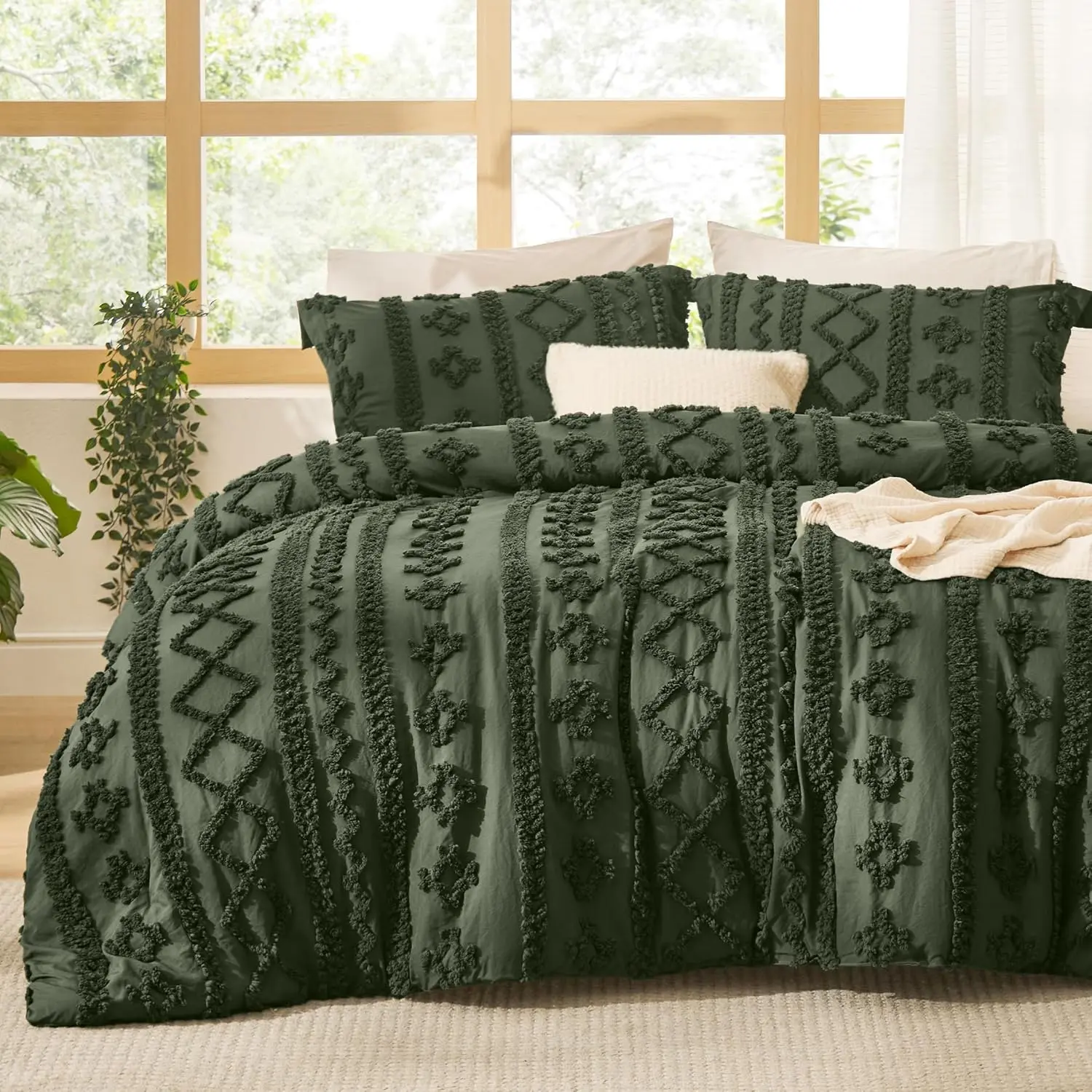 Olive Green Tufted Boho Oversized King Comforter - Farmhouse Embroidery, Breathable Duvet Set, Lightweight Microfiber Bed Set, Super Fluffy, Machine Washable, Women's Gift, Lightweight Duvet,back to school,back to school shopping,home decor