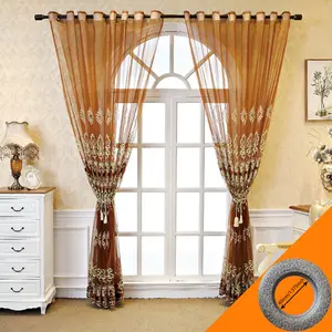 2pcs European Heavy Embroidery Sheer Curtains, Living Room Arched Floor-To-Ceiling Window, Vintage Style Punch Hole Balcony Curtain