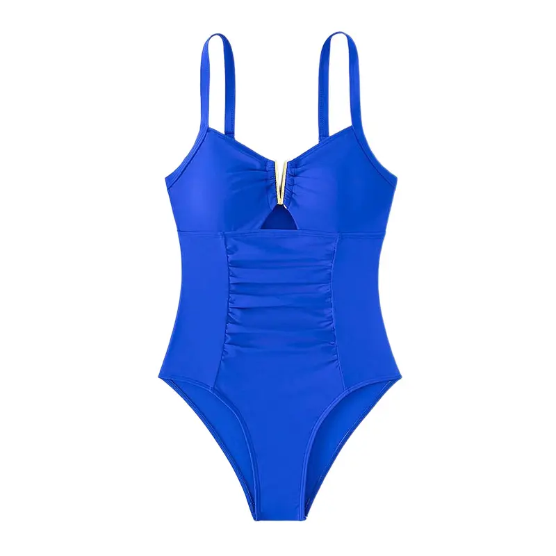 Women's Sculpting 1-Piece Swimsuit with Tummy Control, Solid V-Neck Body Shaping Bathing Suit with Pleated Waist, Nylon Elastane Fabric, Sculpting Swimsuit, Swimsuits Tummy Control