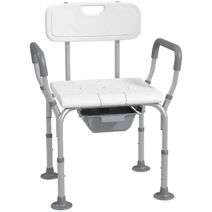 HOMCOM 3-in-1 Shower Chair with Back and Arms, Height Adjustable Bedside Commode, Raised Toilet Seat with Non-Slip Rubber Foot Pad for Seniors, Disabled, White