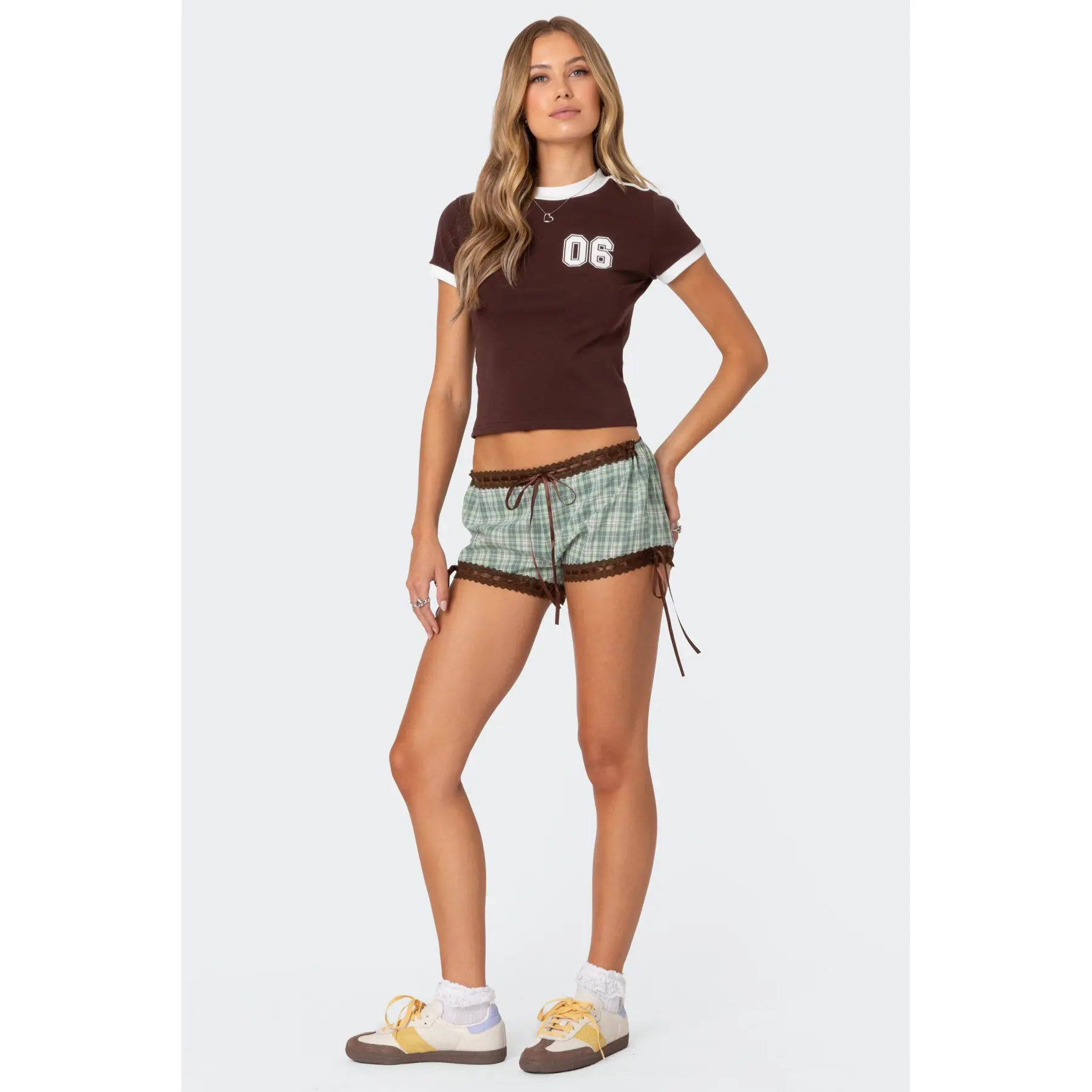 Lavish Lace Trim Plaid Shorts