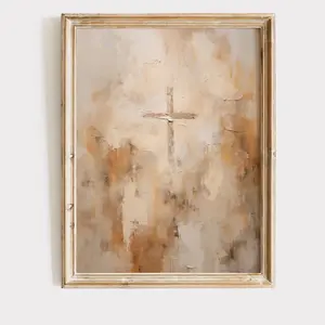 Print Abstract Modern Christian Art Cross Artwork Print of a Vintage Cross Painting With a Beige Abstract Background