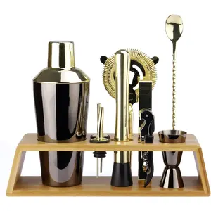 10pc Bar Tool Set w/Bamboo Display Stand - Black/Gold Color - 24oz Cobbler Cocktail Shaker, Muddler, Ice Tongs, Jigger, Strainer, 2 x Liquor Pourers, Waiter's Corkscrew