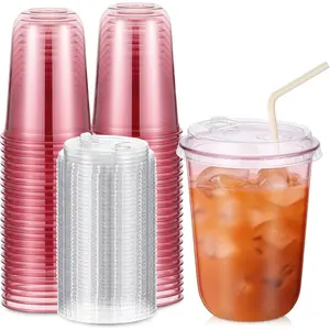 50 Sets Round Bottom Plastic Cups with Strawless Sip  Disposable PET Cups with Straw Slot  for Iced Coffee Cold Beverage Smoothie Drink Shops and Party Catering (,16 oz)