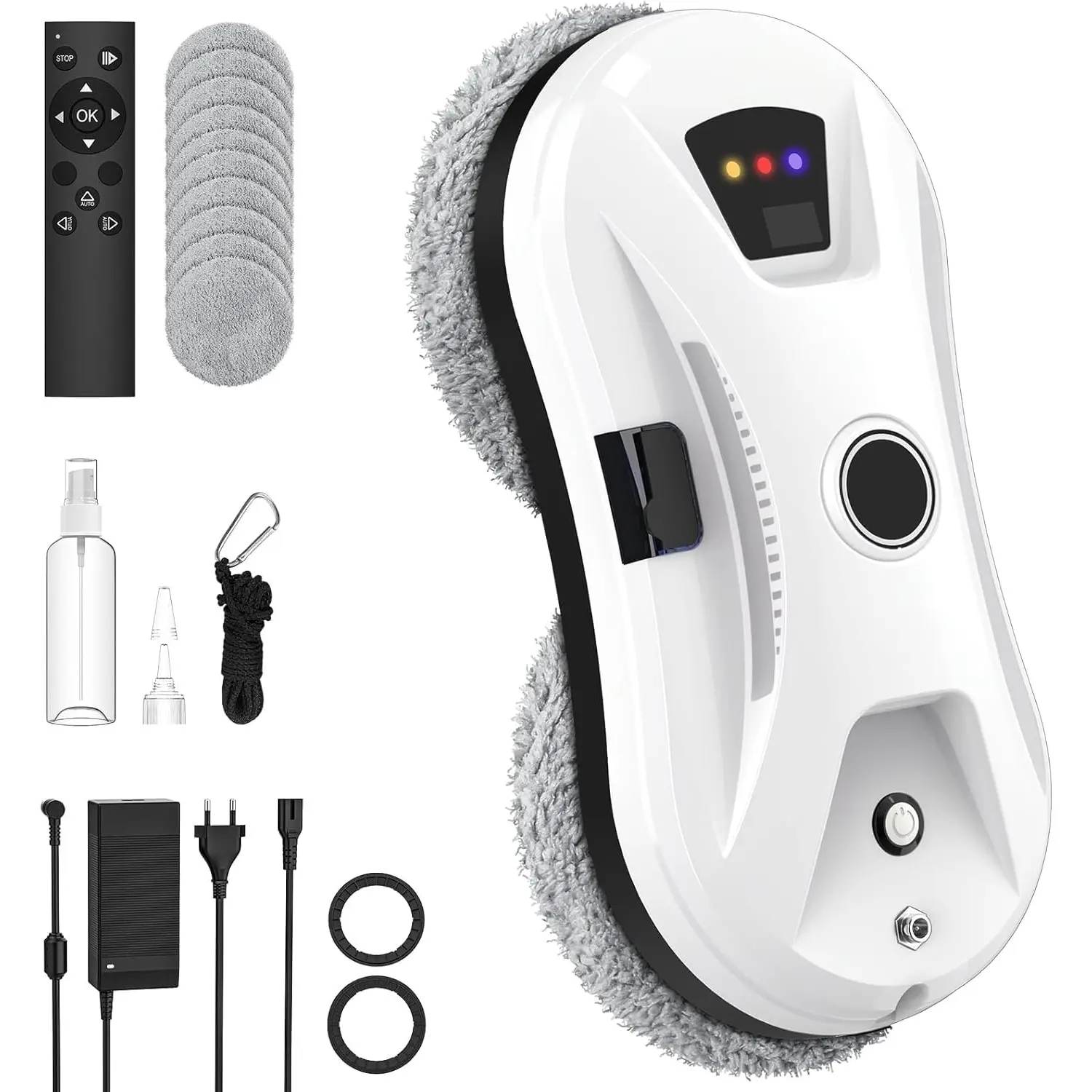 New Corded Electric Window Cleaner Robot with 5600Pa Suction, Intelligent Path Planning, Edge Detection, Remote Control, Manual Spray, Microfiber Cloth, Water Container, Power Adapter, US Plug, Voltage Info for Windows, Mirrors