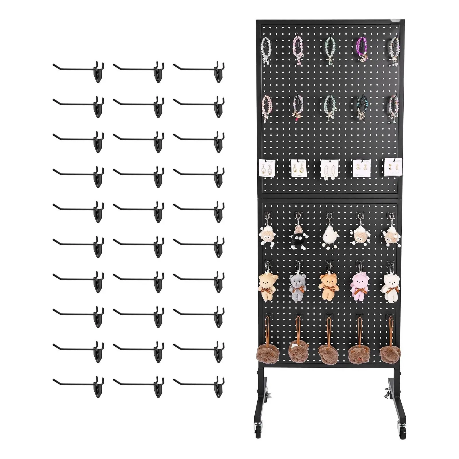 Pegboard Display Stand With 30 Hooks And Interchangeable Panels On Rolling Wheels - Black Pegboard Organizer For Garage And Workshop, Durable Steel Frame, Space-Saving Wall Or Floor Mount, Easy Assembly And Versatile Storage