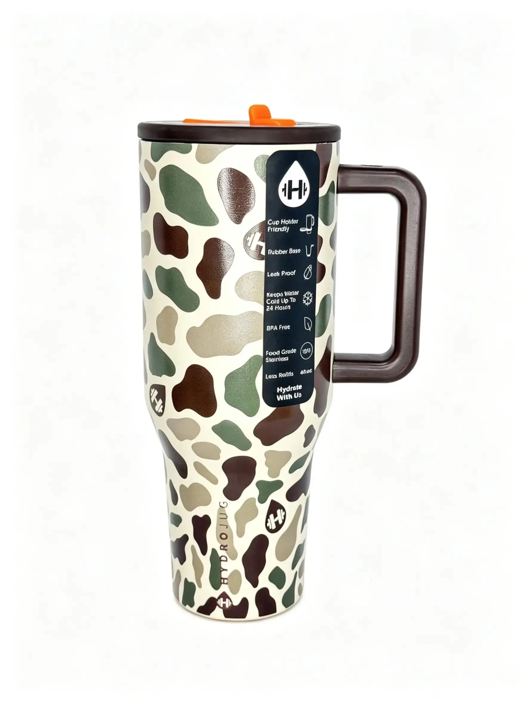 HydroJug 40oz Camo Print Insulated Stainless Steel Tumbler - Leakproof, Handle & Straw Included, 24hr Cold Retention, Car Cup Holder Friendly Travel Drinkware for Iced Coffee (Home & Party Gift Supplies), Default