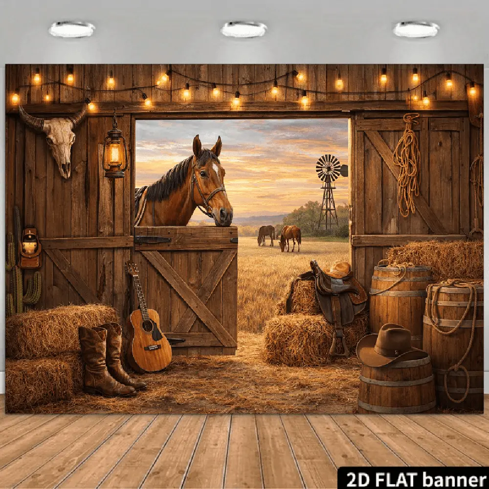 1PC,2D Flat Backdrop Western Farm Theme Festival Decor Backdrop, Retro Barn with Horses, Guitar & Cowboy Elements, Party Decoration Backdrop for Birthday, Country - style Event Scene Atmosphere Creation