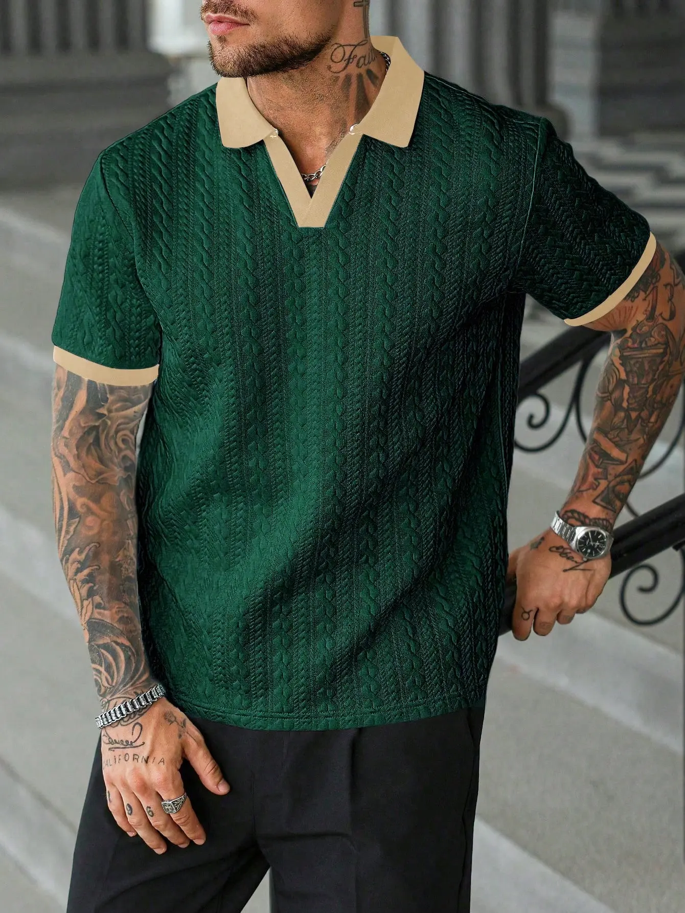 Men’s contrast-color short-sleeve casual commuter polo shirt Men’s knit polo shirt Cream-colored men’s polo shirt Men’s V-neck knit sweater Men’s short-sleeve knit polo shirt Men’s textured polo shirt Retro-style men’s polo shirt SpringStatements, Shortsl