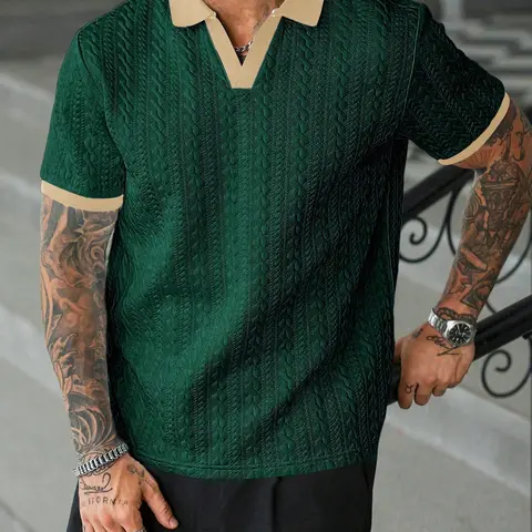 Men’s Cream Retro V-Neck Textured Knit Polyester Polo Shirt - Menswear Tops, Shortsleeve, Contrast-Color, Stylish Fitted Cut, Medium Length, Moire Stripes, Retro V-Neck Look for Casual Commuting, Party