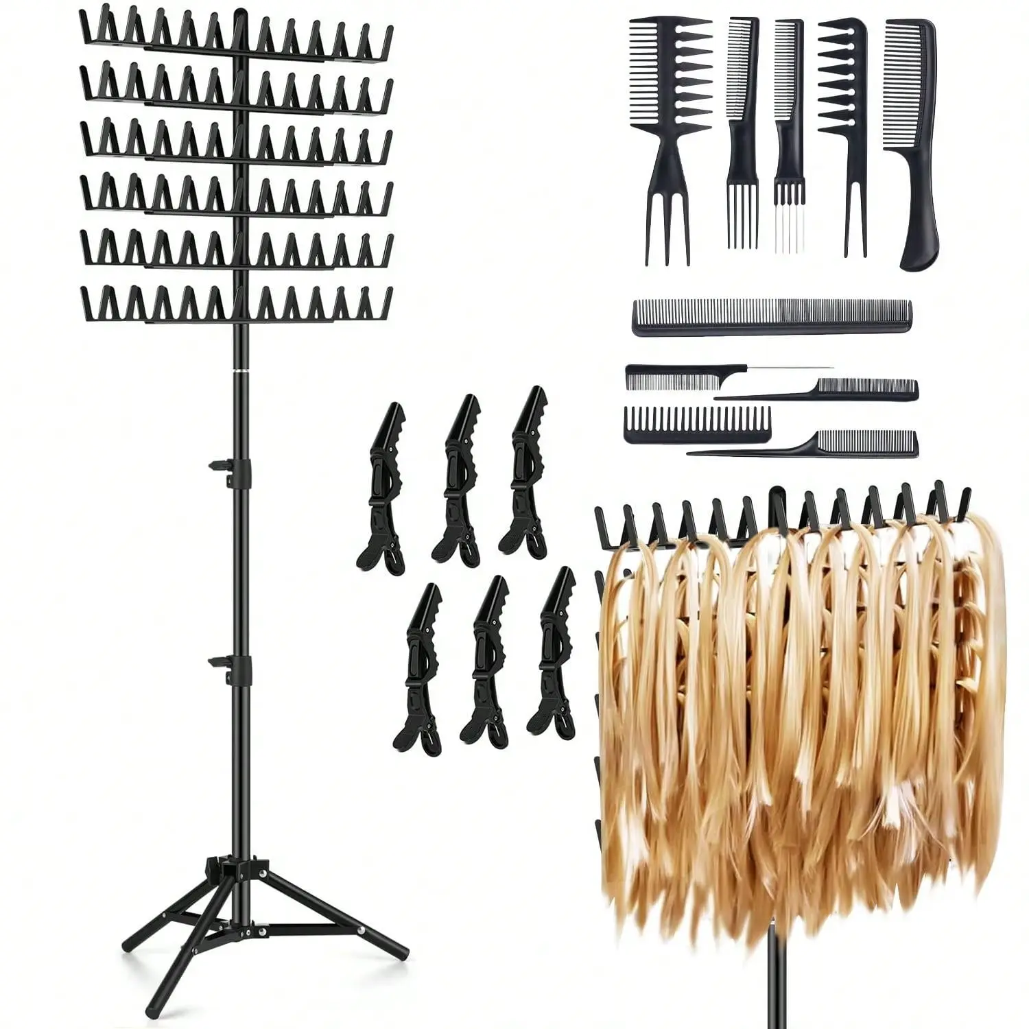 1 Set Wig Braiding Stand Kit - Hair Stylist Equipment with Adjustable Height Storage Stand, Braiding Tool Set, Adjustable Section Comb, Black Heatless Curl Rods, Hair Weft & Styling Accessories for Salons, Homes, Adjustable Section Comb Hair Styling Acces