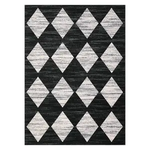 10 x 13 ft Polyester Black Rectangular Living Room Bedroom Dining Room Modern Geometric Diamond Print Machine Washable Area Rug