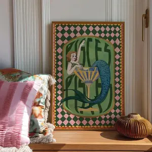 Pisces Zodiac Art Print: Mermaid Cocktail Poster, Astrology Wall Decor, Vintage Horoscope Illustration | Framless Poster E