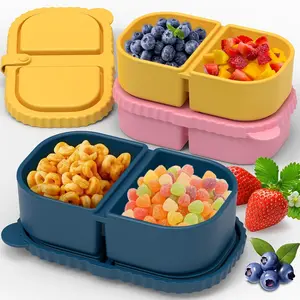 3 Pack Reusable Silicone Snack Containers with Lids, Meal Prep Containers 2 Compartments, Portable Silicone Food Storage Box for Picnic, Lunch, Office (3)