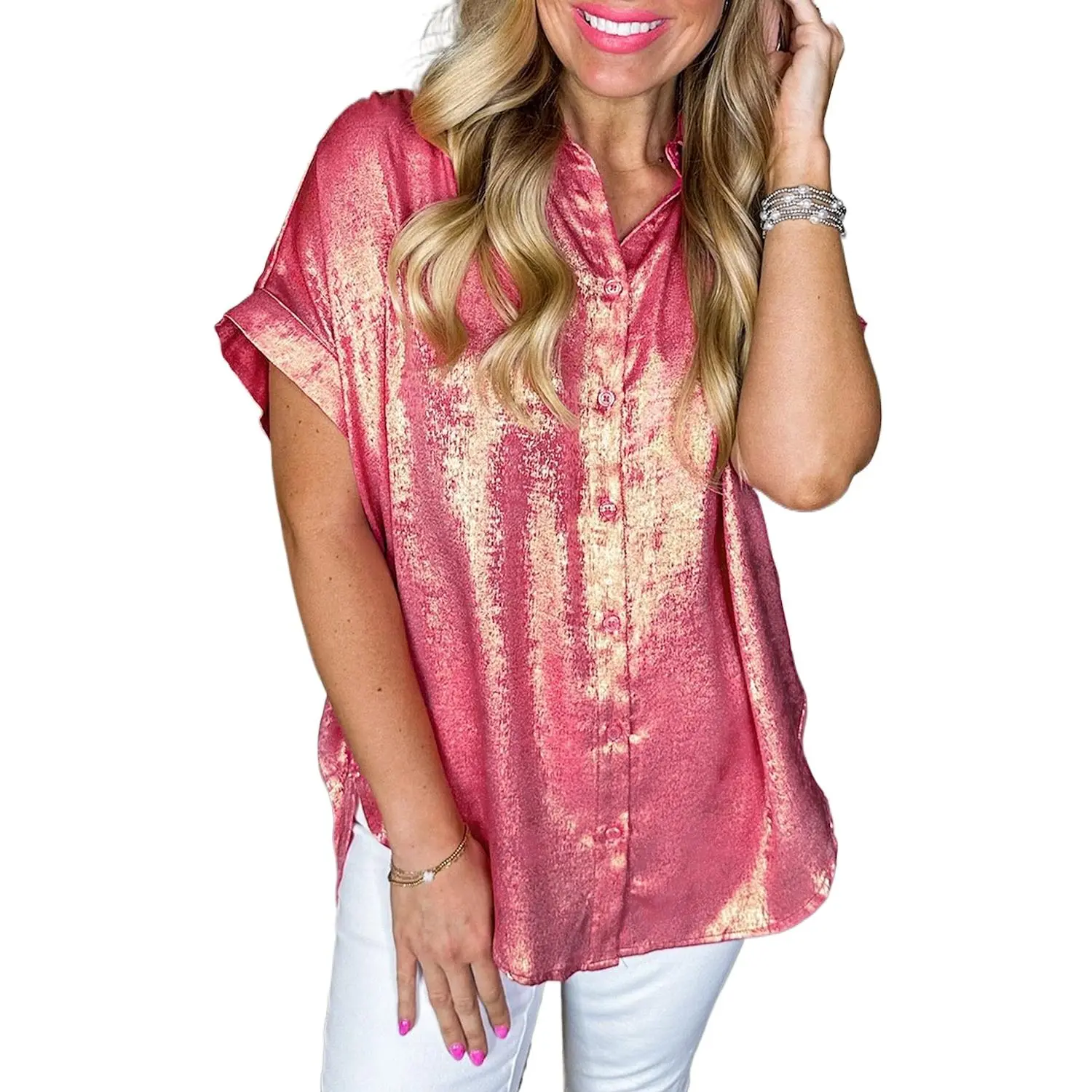 Women's Metallic Blouse, Elegant Solid Rose Red Shortsleeve Top for Lady, Button-Front Shirt for a Glamorous Look and Casual Wear