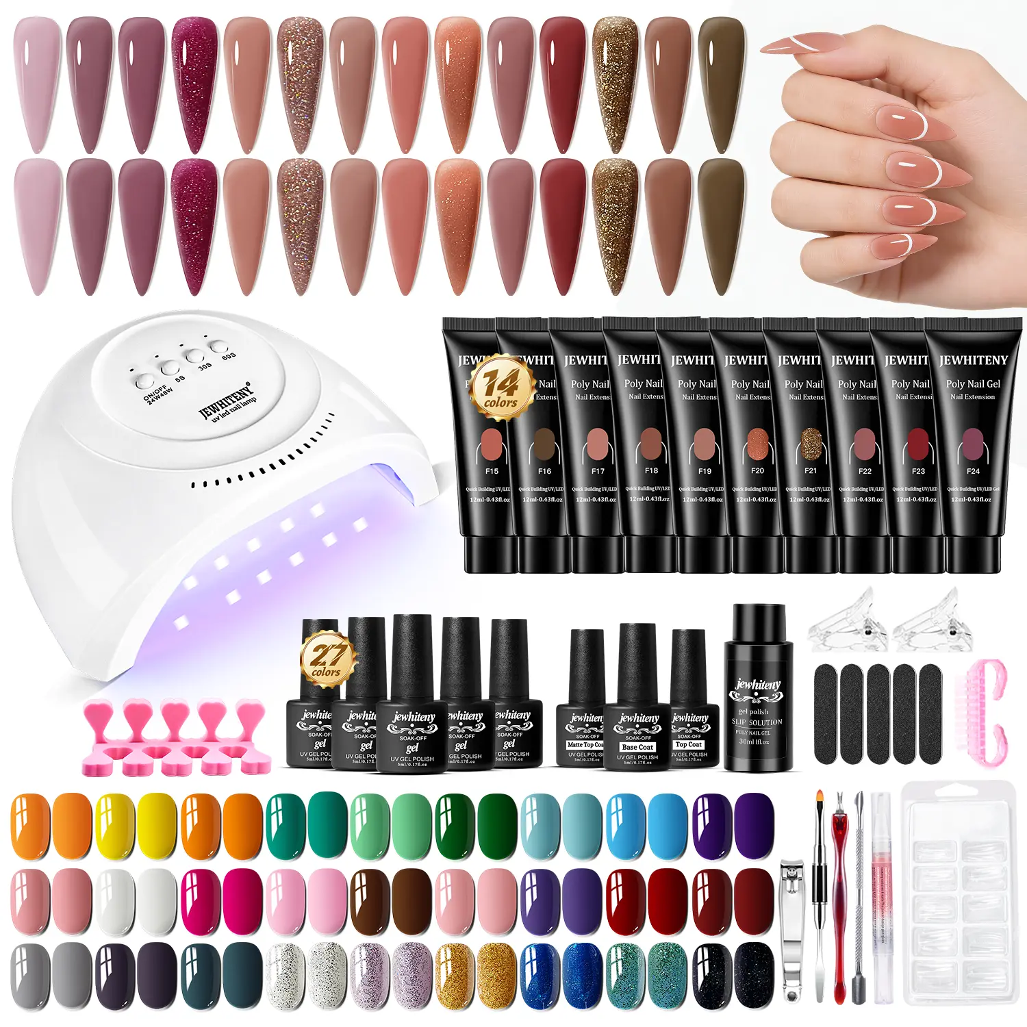 JEWHITENY Complete Nail Kit: 27 Gel Nail Polish & 14 Poly Gel with UV Light, All-Year DIY Home Salon Nail Art, Perfect Gifts for Women & Girls