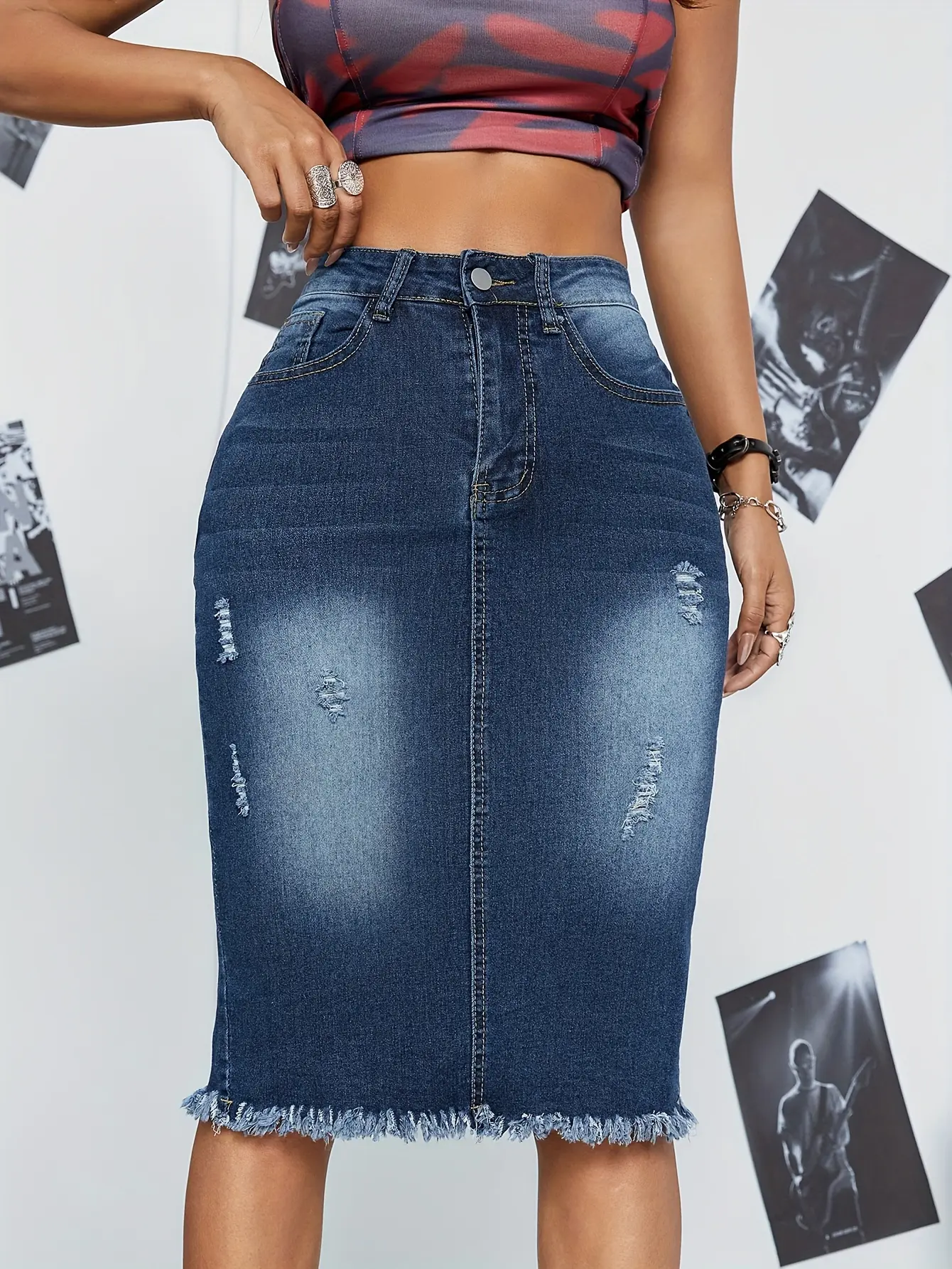 Women's High Waist Stretch Denim Midi Skirt - Opaque, Button Closure, Frayed Trend Edge, Durable for Long Wear, Washable Denim, Line-Smoothing Fit, Spring Fashion, Suitable for Office, Brunch, Washable Denim, Easy Refresh