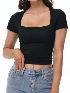 Women's Square Neck Going Out Tops Sexy Slim Fit Short Sleeve T Shirts in Smooth Creamy Fabric with Timeless Elegance and Versatile Appeal