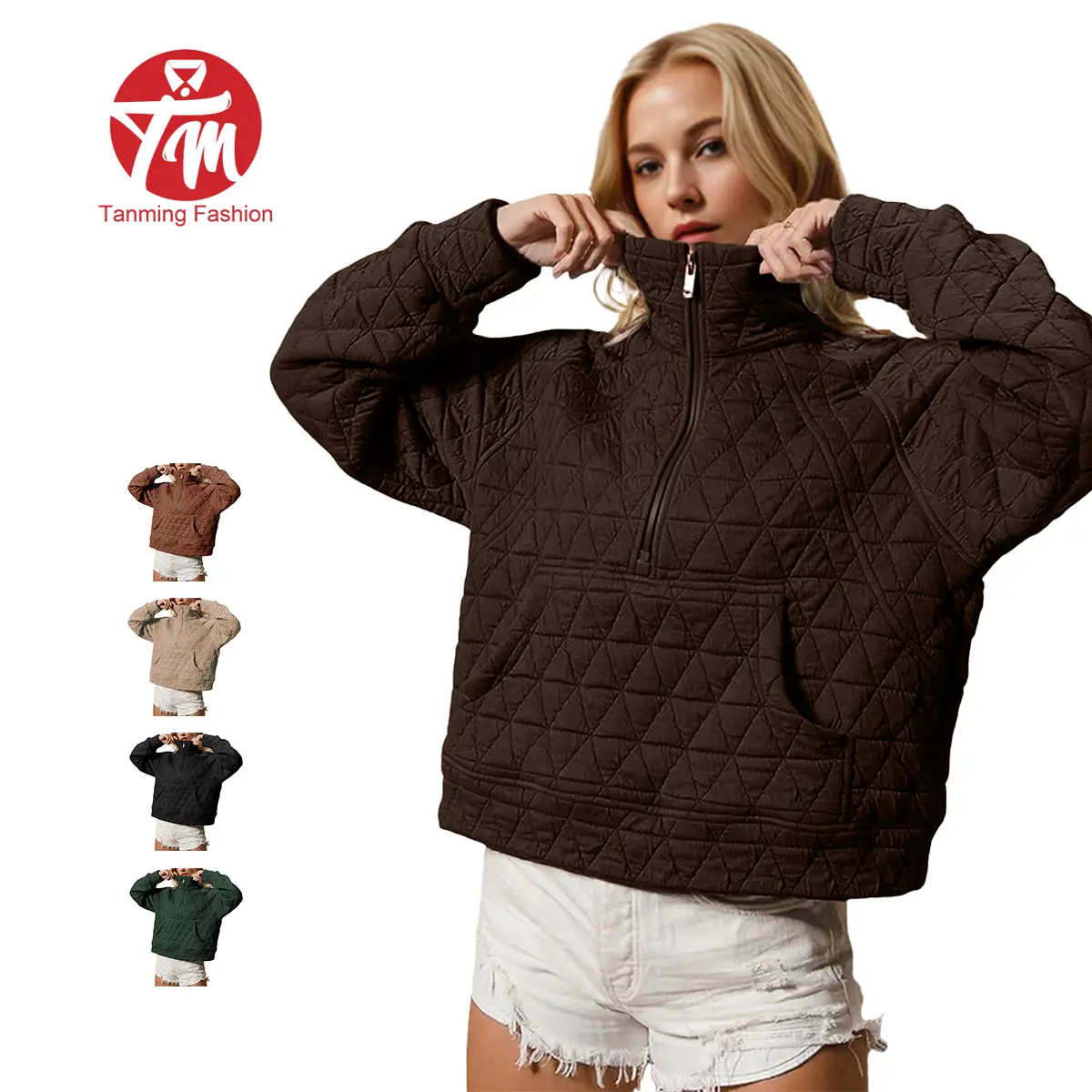 Tanming Women's Half-Zip Quilted Puffer Jacket - Longsleeves, High Neck, Oversize, Lightweight, Warm, Casual Pullover Top with Pocket for Fall Winter - Minimalist Basic Layering Women's Clothes Outerwear (TikTokShopBlackFriday), Tops, Coats, Women's Tops