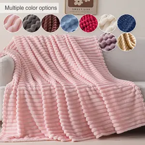 Ultra-Soft Striped Warm Blanket, Hollow Out Rabbit Fur Feel Throw, Milk Velvet Plush, Flannel Coverlet, Casual Nap Blanket, Office Siesta Small Throw, Soft Cozy Blanket