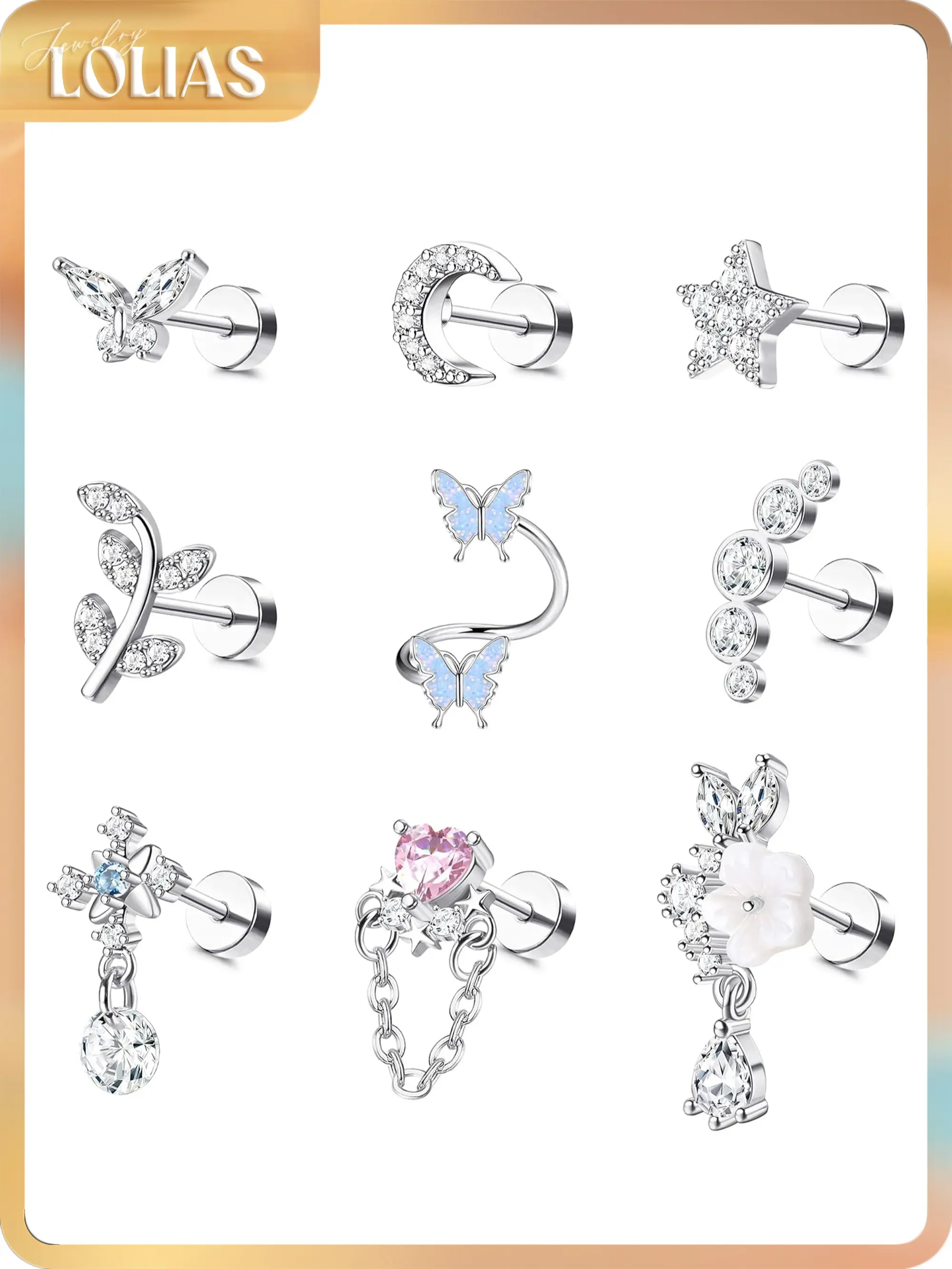 LOLIAS 9PCS 16-Gauge Stainless Steel Cartilage Earrings for Women, Helix Piercing Jewelry with Leaf, Butterfly CZ Studs & Flat Backs, Earring For Women, Earring Stack, Flat Back Earrings
