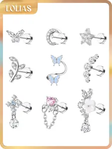 LOLIAS 9PCS 16-Gauge Stainless Steel Cartilage Earrings for Women, Helix Piercing Jewelry with Leaf, Butterfly CZ Studs & Flat Backs, Earring For Women