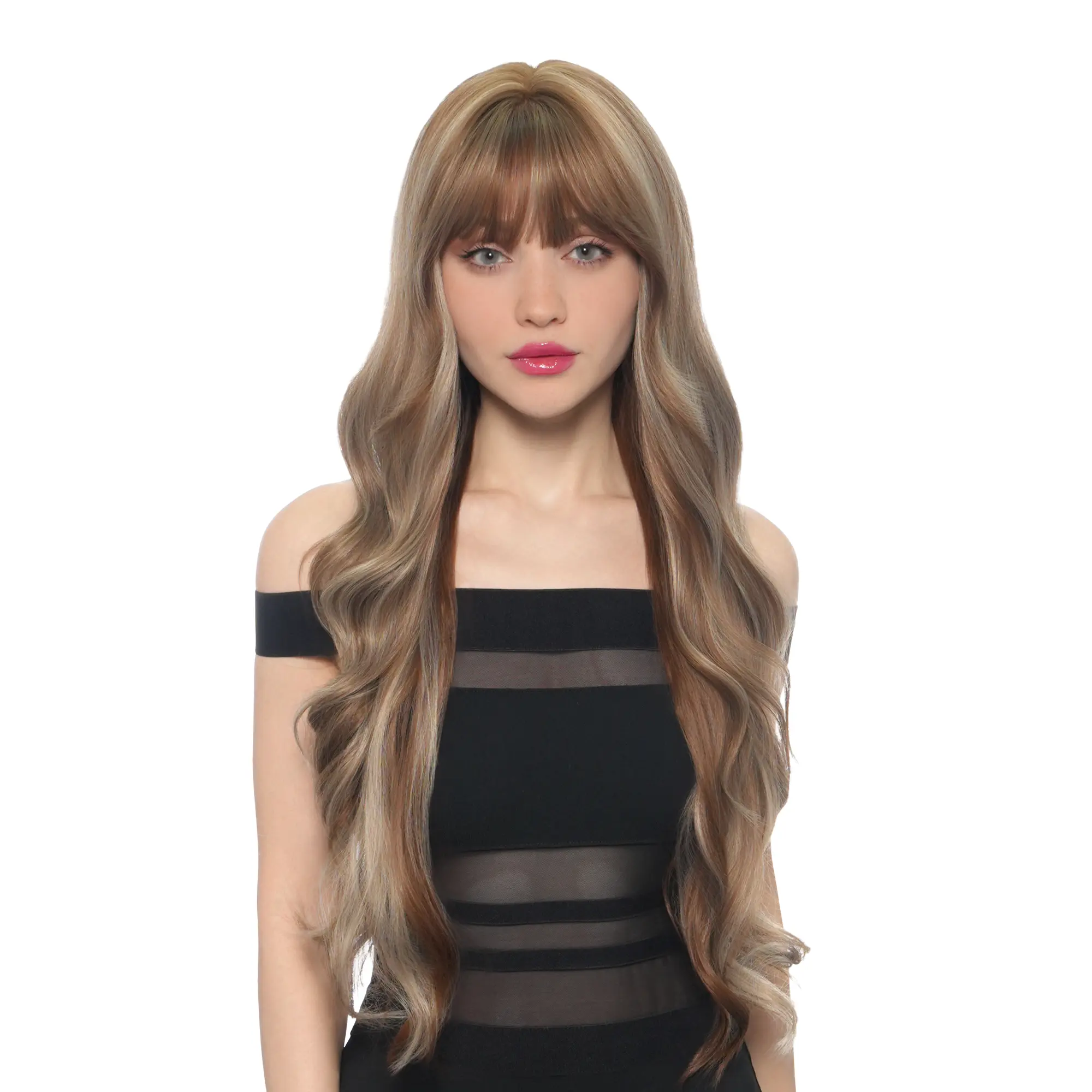 Doll Me Up' 30-Inch Light Cooper-tint Chestnut Brown (All-over Muted Light Blonde Highlights) Subtle Layered Open Curl Butterfly Cut w/ Fettered Bangs Synthetic Wig |【Fabric Hard Front】【Heat Resistant】【Cap Included】 | *Video Exclusive* #video 54FSGB, Synt