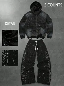 Sparkling Diamond Embroidery Set, Spring & Fall Zip Hoodie and Sweatpants Combo, Comfortable Casual Fashion for Workdays or Weekends