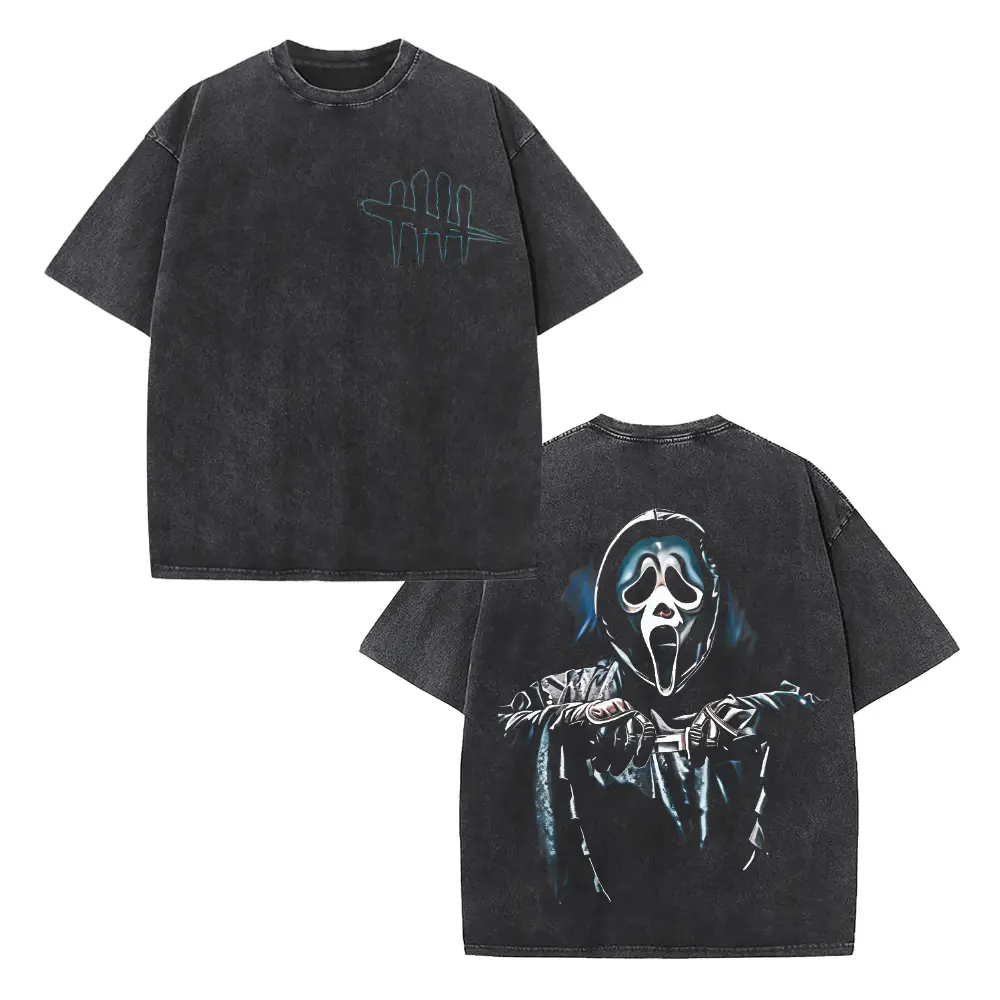 Vintage Washed Ghost Face Graphic T-Shirt, Unisex Retro Horror Gaming Top in Soft Pure Cotton, Oversized Short Sleeve for Fitness & Streetwear, Wrinkle, Shortsleeve, Menswear, Fabric, Distressed, Vintage Graphic Tees, Cotton Graphic Tees