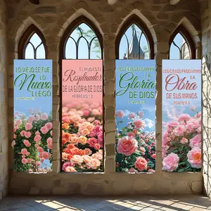 4 Pcs Religious Banners, Polyester Material Christian religious vertical banners with rose pattern and bible verses suitable for church prayer room home wall decor to create a warm spiritual atmosphere