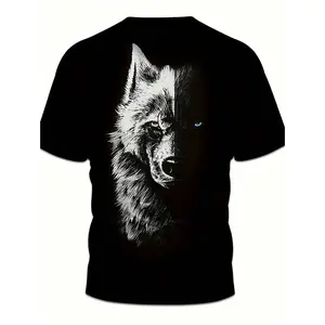 3D Wolf T-Shirt] Lightweight Polyester Blend Men's 3D Wolf Print T-Shirt  Black Casual Short Sleeve Summer Tee With Striking White&amp; Gray Wolf Design For Outdoor Sports&amp; Casual Attire