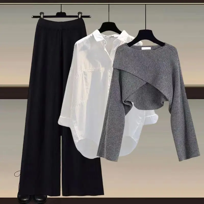 Knitted sweater shirt wide leg pants three-piece autumn and winter suit women's 2025 new plus size women's fashion slim2025Gift Knitted sweater shirt wide leg pants three-piece autumn and winter suit women's 2025 new plus size women's fashion slim2025Gift