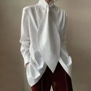 Women's Minimalist Blouse with High Neck and Large Leaf Tie, Comfortable Solid Long Sleeve Fitted Shirt for Casual Wear