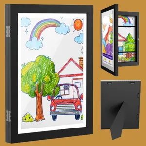 2 Pcs Black Kids Art Frame 13x10 Magnetic Artwork Display A4 Storage Frame MDF Front Loading Picture Frame Holds 150-200 Artwork Couple Gift ChristmasGifts FestiveGifts Wooden Framed Decor Photo Gallery Style Hanging Keyholes Flexible Orientation