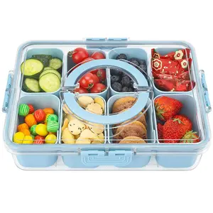 Clear Snack Serving Tray with Lid & Handle, 1 Count 8-grid Snack Container, Portable Charcuterie Container for Candy, Fruits, Nuts, Kitchen, Food Storage Container