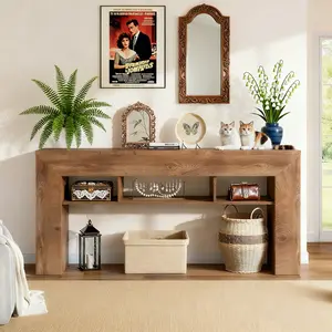 【Vibe Home】Raybee 45.7"-63"W Extra Long Console Table with Storage Shelves, Wooden Rectangular Sofa Table Behind The Couch, Side Table for Hallways, Entryway, Living Room,Wooden, Modern Stylish Home Decor Accent, Sturdy&Long-Lasting with Exquisite Design