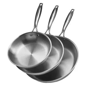 【Summervibes】VEVOR Tri-Ply Stainless Steel Frying Pan,  3 Pcs Set (8, 10, 12 in), Cooking Skillet with Heat-Resistant Handle, Chef's Kitchen Cookware, Oven, Gas, Electric, Induction, Dishwasher Compatible, Silver