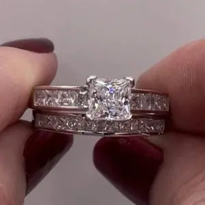 2-Piece Princess Cut Lab-Created Rhinestone Wedding Ring Set - Lightweight & Comfortable for Engagement, Wedding, Promise, Eternity, Anniversary & Birthstone Rings