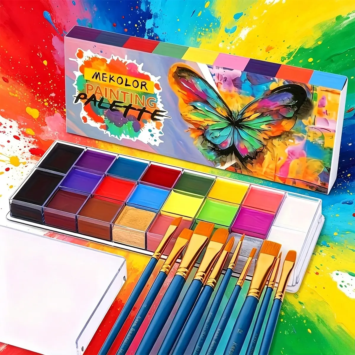 Athena face & body cosmetics makeup painting set with 10 professional brushes and large dark palette. Easy color mixing, ideal for Halloween cosplay, party special effects and stage artistic makeup looks.