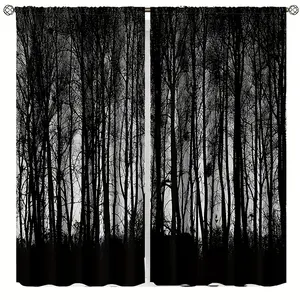 2 Gothic Black Forest Curtains, Dark Misty Mysterious Pine Tree Blackout Rod Pocket Window Decorations Suitable for Bedroom Living Room