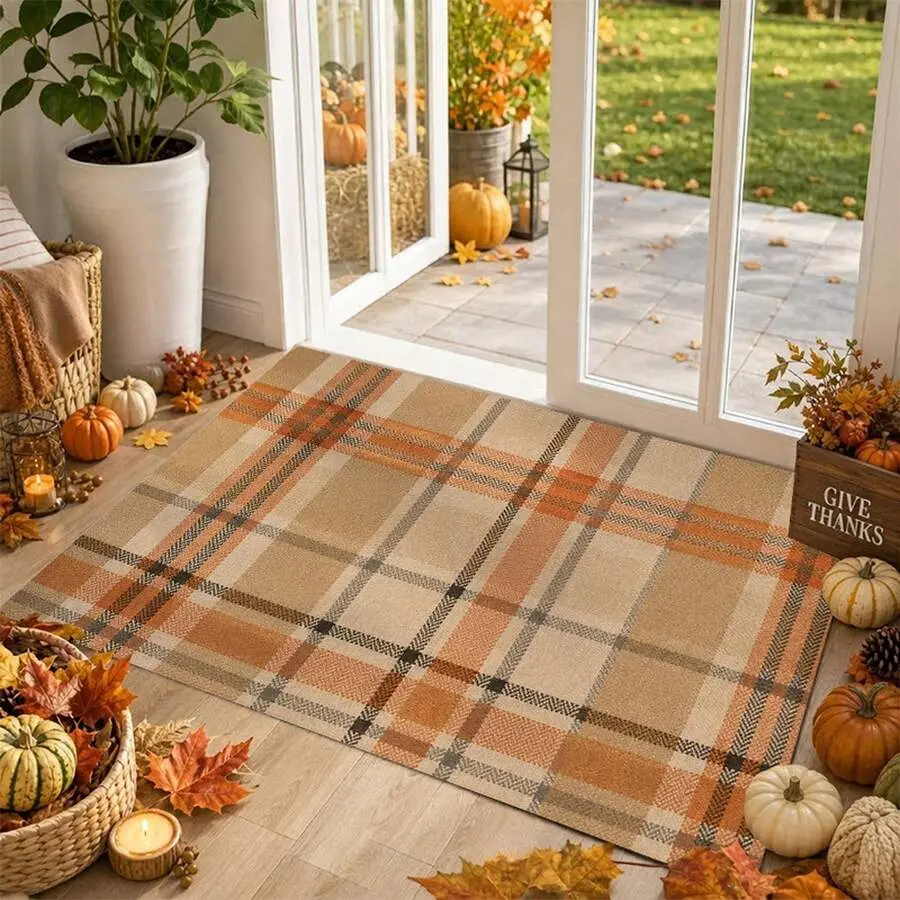 1pc Indoor Entrance Door Mat Autumn Plaid Print Pattern.Flannel Material Non-Slip Comfortable Easy To Clean.Ideal Choice For Thanksgiving.Farmhouse Rustic Beige Orange Checkered Decor