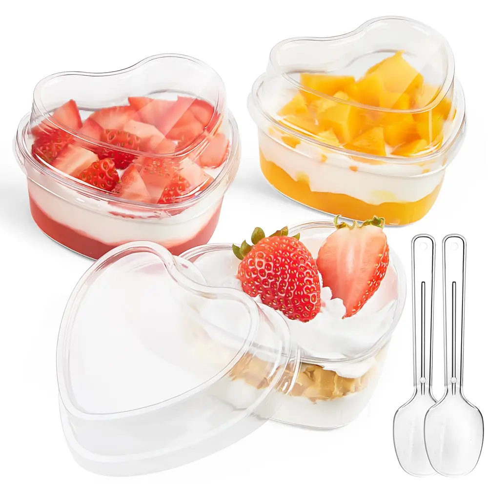 Sturdy 50-Set 115ml Heart-Shaped Pre-Packed Disposable Plastic Dessert Cups with Lids & Spoons, for Sundaes Cheesecake Mousse, Ideal for Valentine's Day Weddings (Home & Festive Party Disposable Tableware), Pre-Packed Disposable Cups